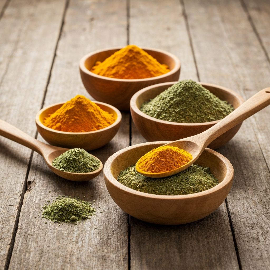 Herbal powders in wooden bowls